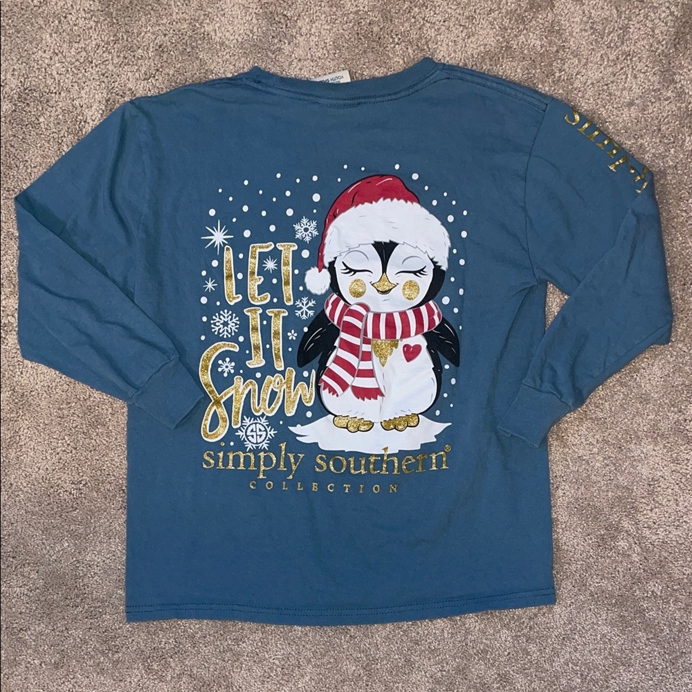 Simply Southern Kids Teal Long Sleeve Shirt with Penguin Design